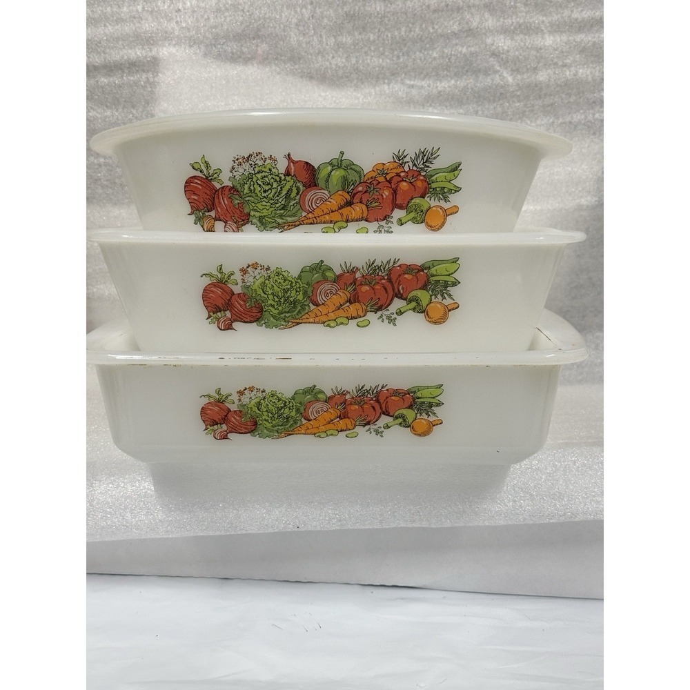 Vintage Glasbake Lot Of 3 Vegetable Garden‎ Medley Casserole Loaf Oval Serving